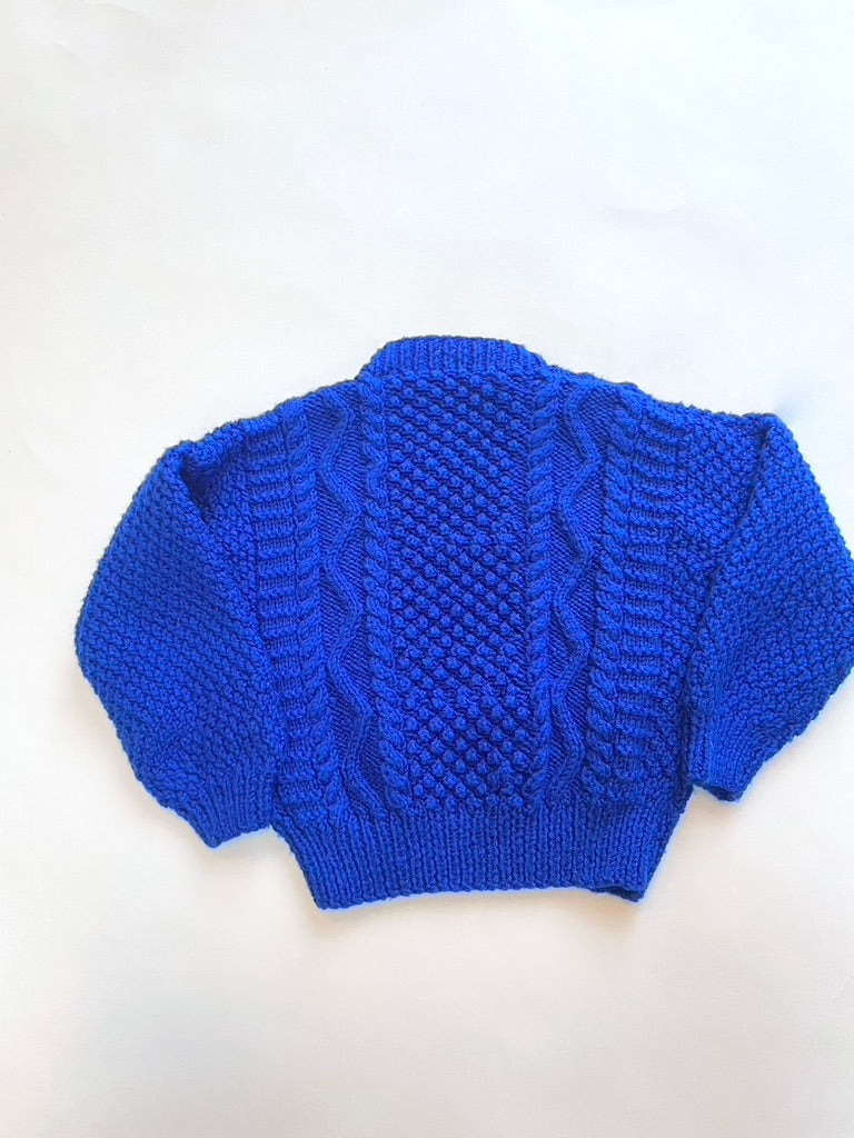 Blue arran knit jumper hand knitted Age 3-4y