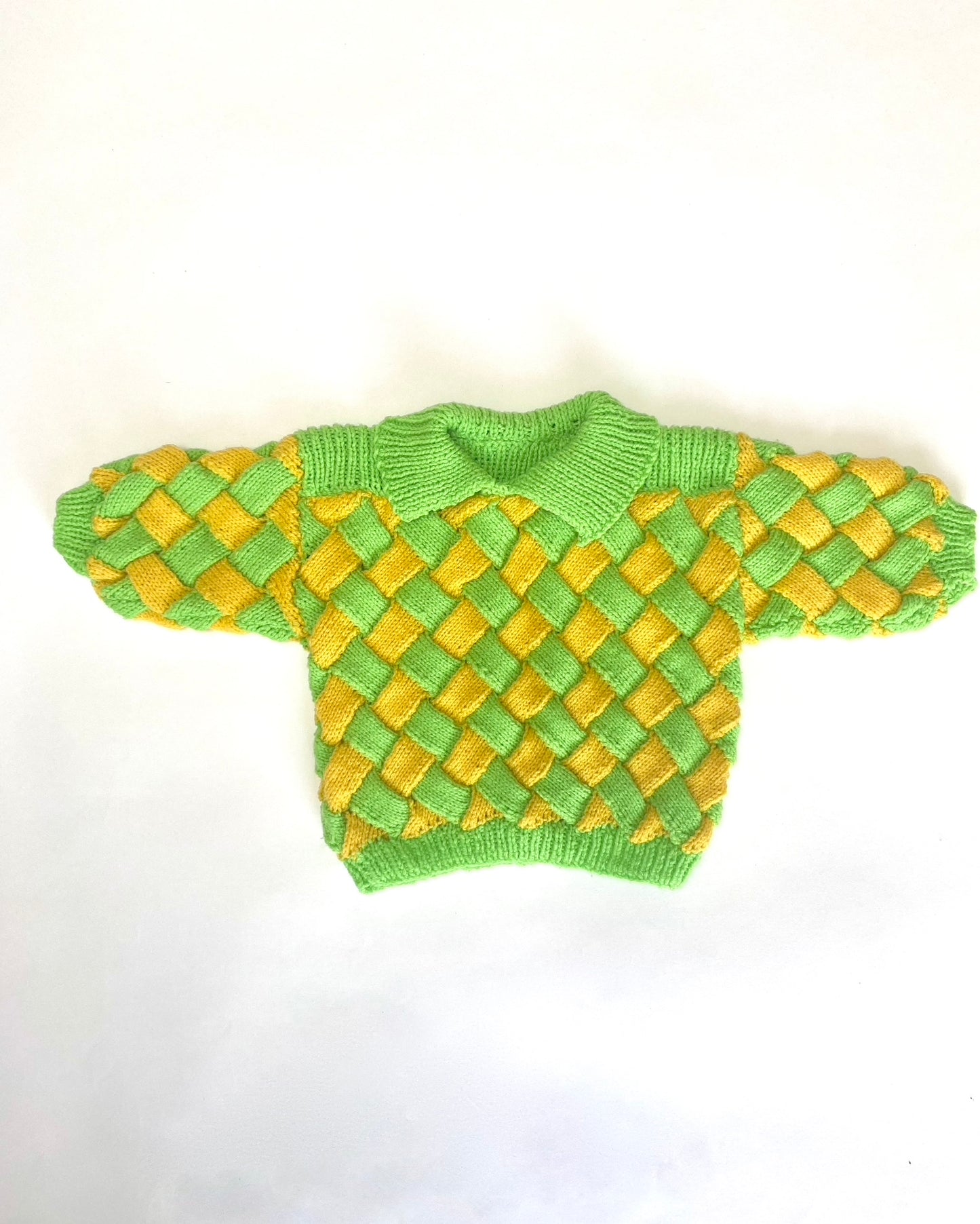 Yellow and green hand knitted jumper Age 12-18M