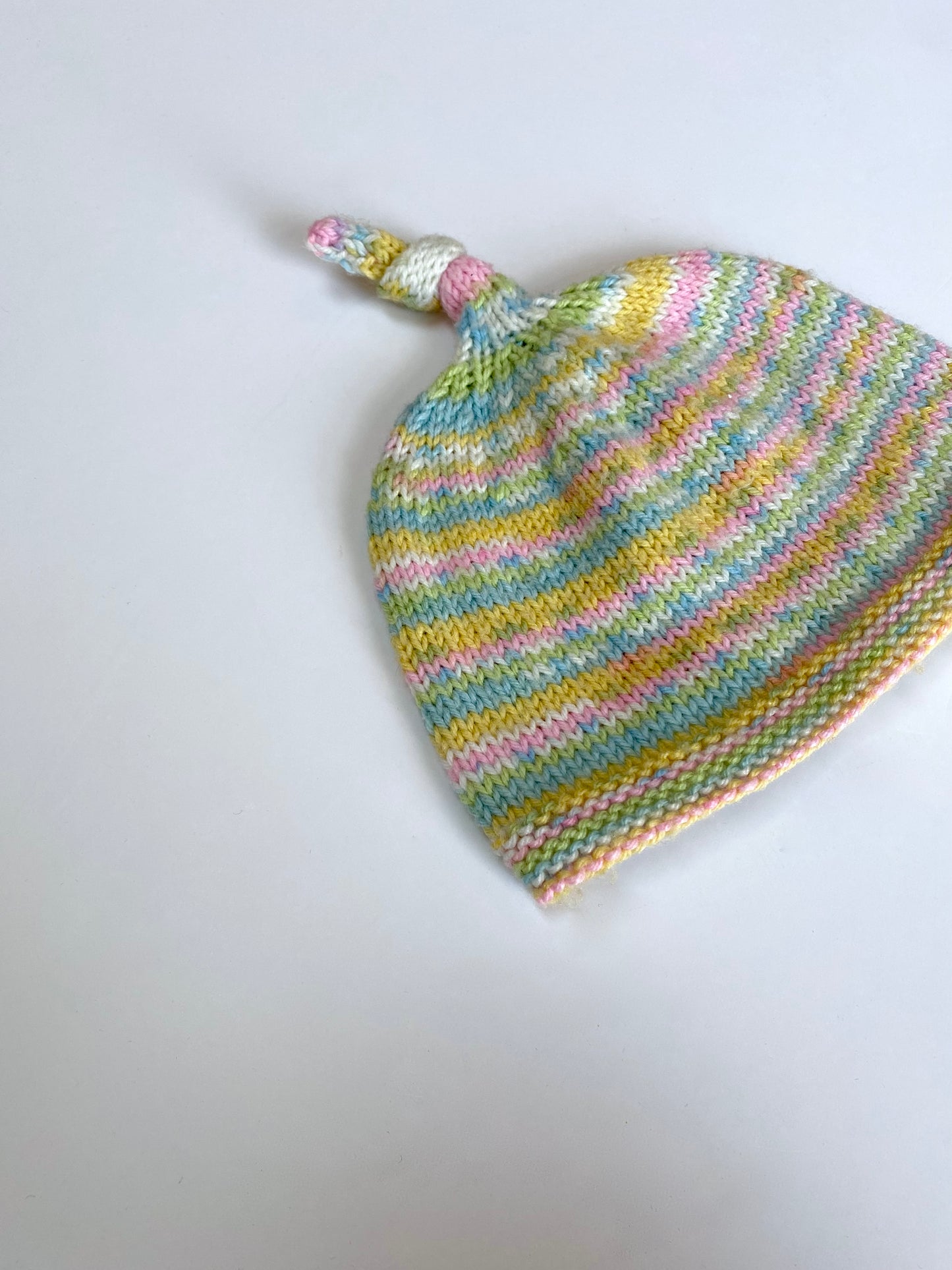 Stripy pastel hand knitted baby hat Age 3-6M
