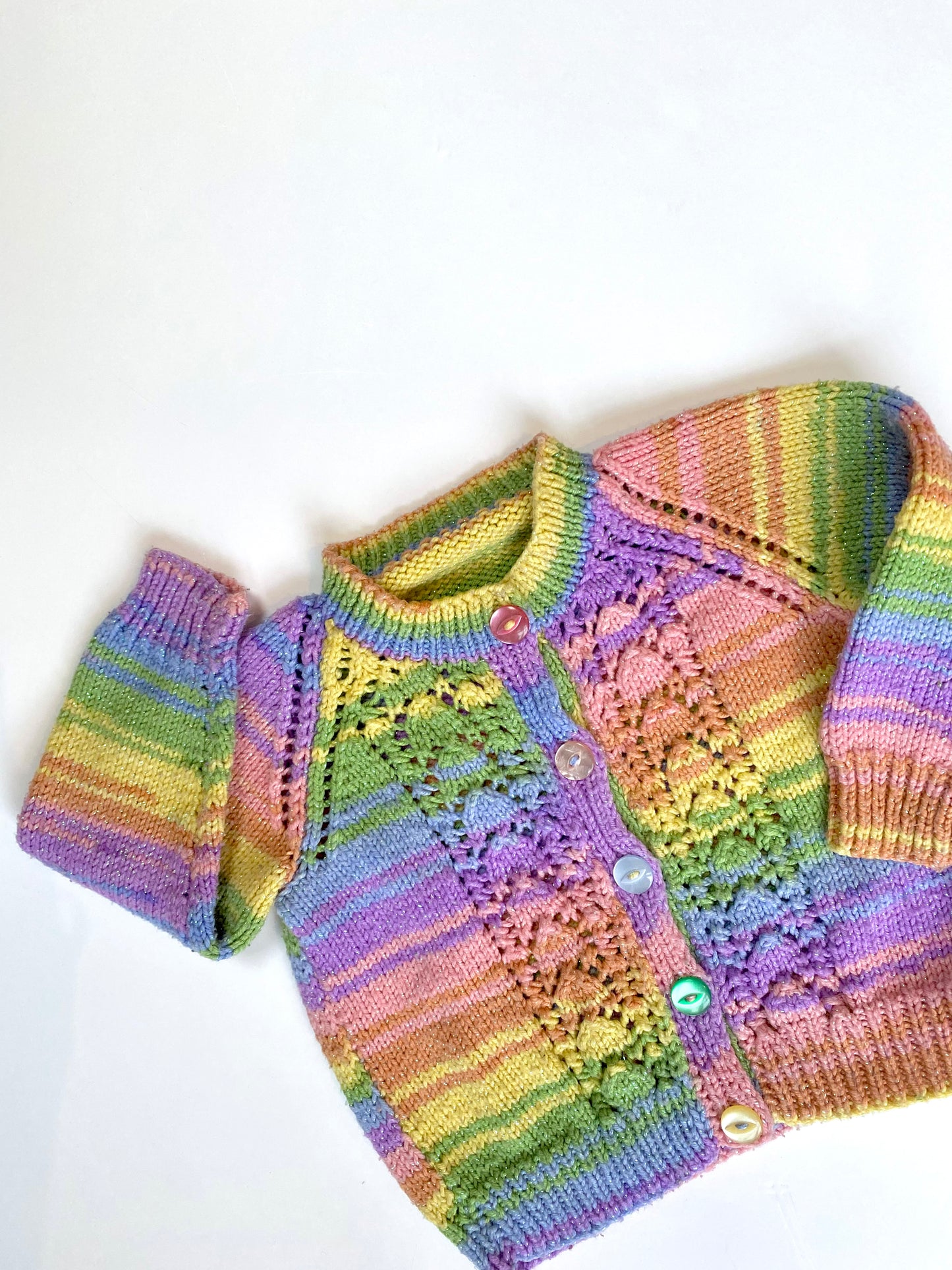 Rainbow hand knitted cardigan Age 12-18m