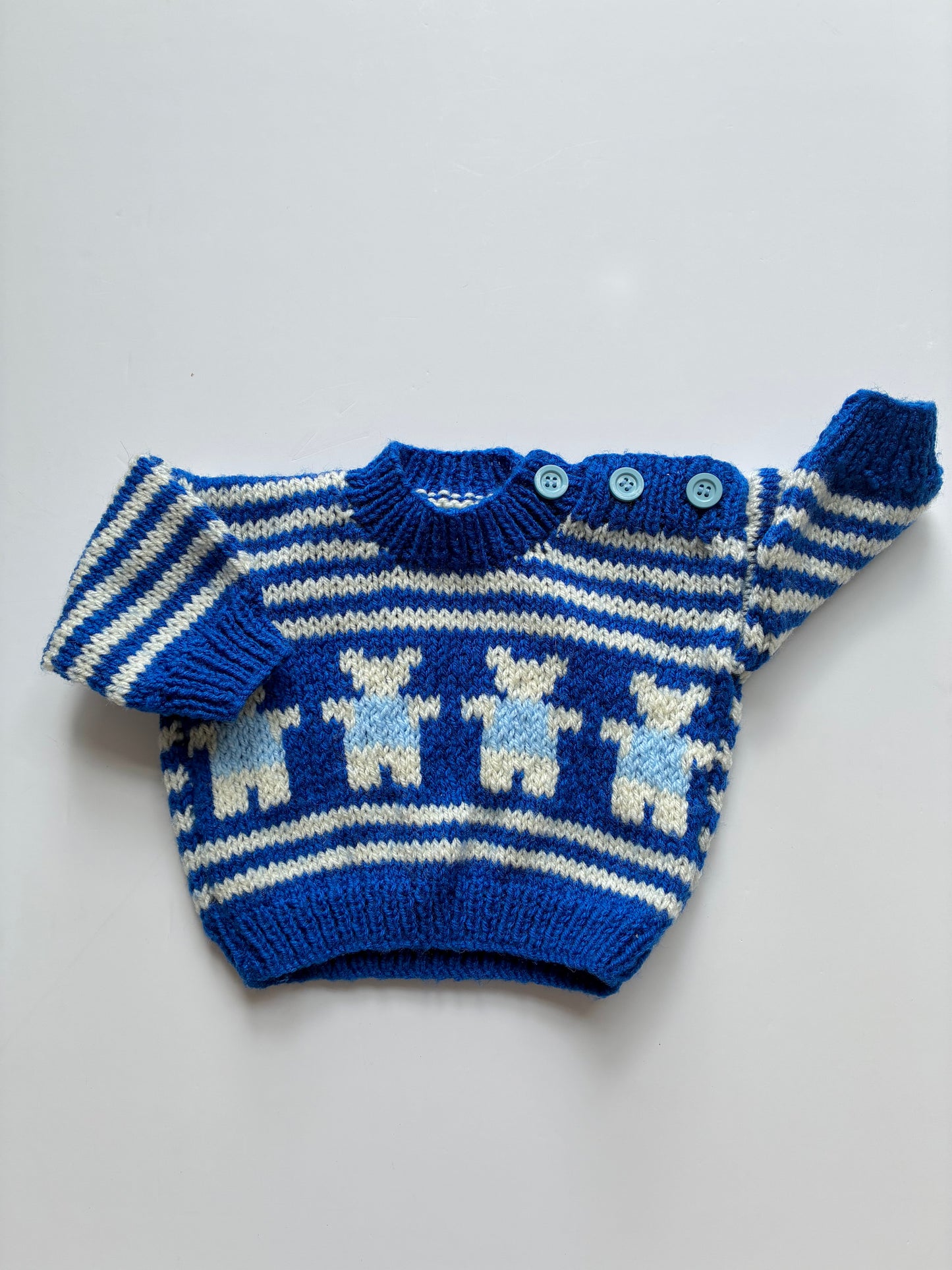 Hand knitted Blue Teddy bear jumper Age 3-6m