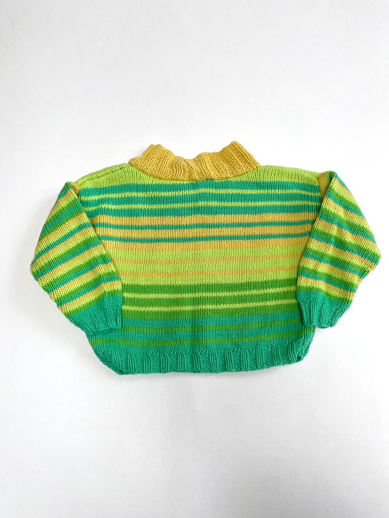 Hand knitted green cotton stripe jumper Age 3m