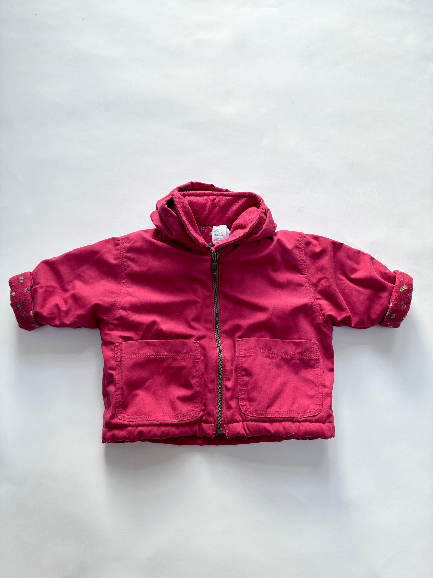 Red floral lined coat Age 3-6m