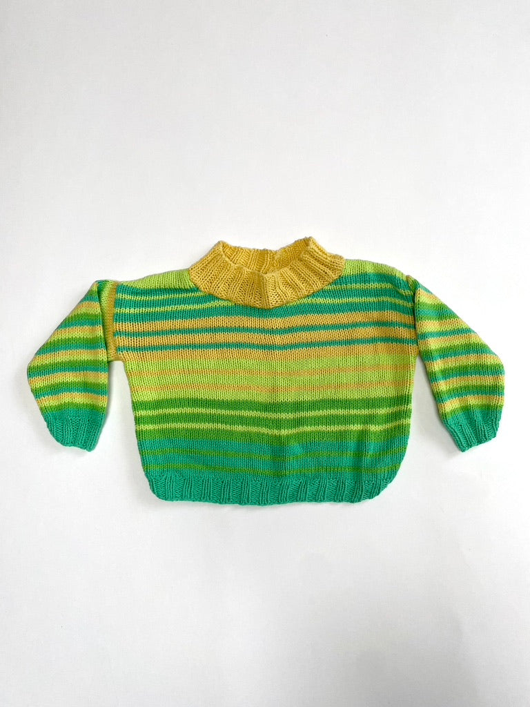 Hand knitted green cotton stripe jumper Age 3m