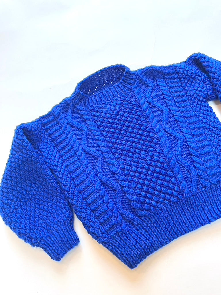 Blue arran knit jumper hand knitted Age 3-4y