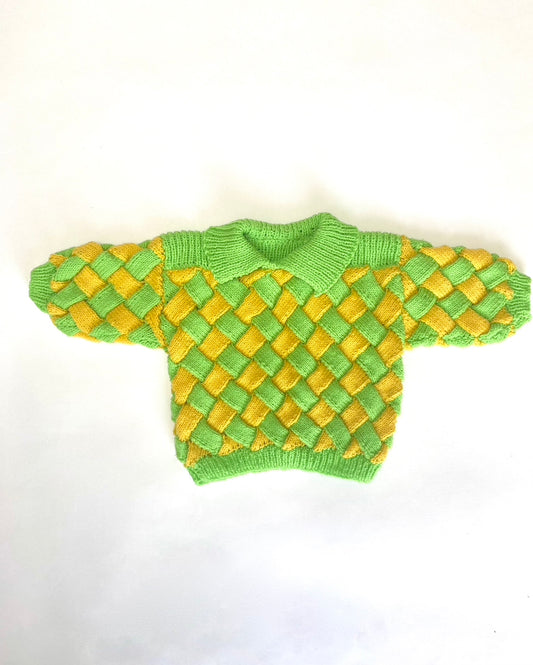 Yellow and green hand knitted jumper Age 12-18M