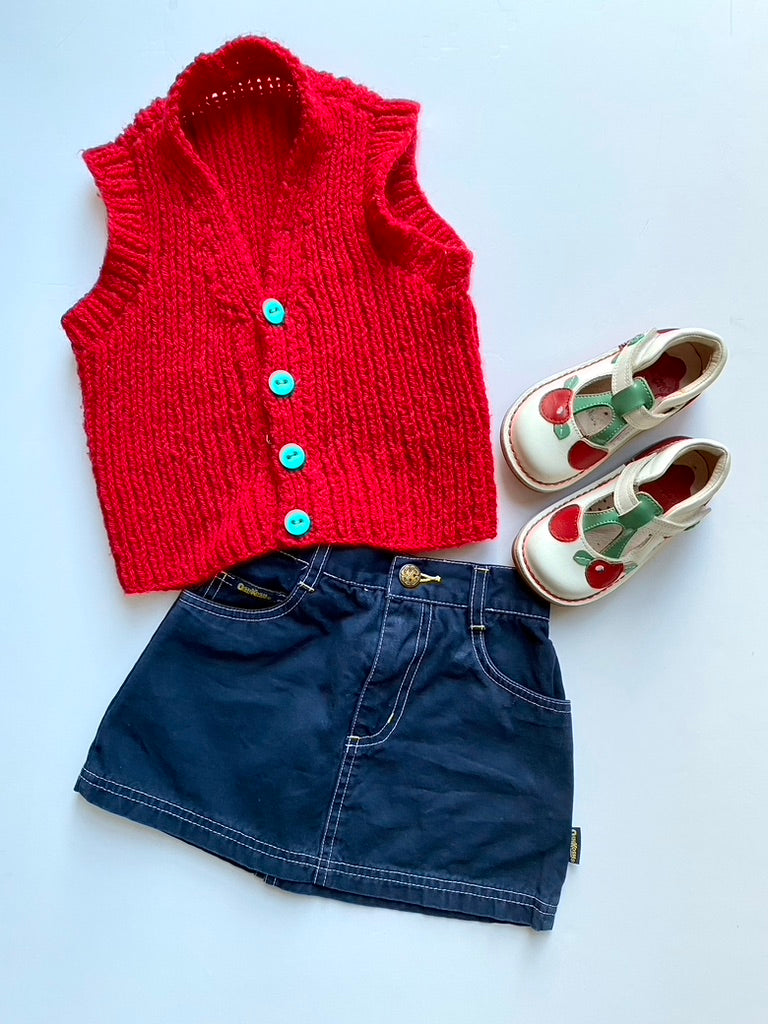 Hand knitted red chunky sleeveless cardigan age 2-3y