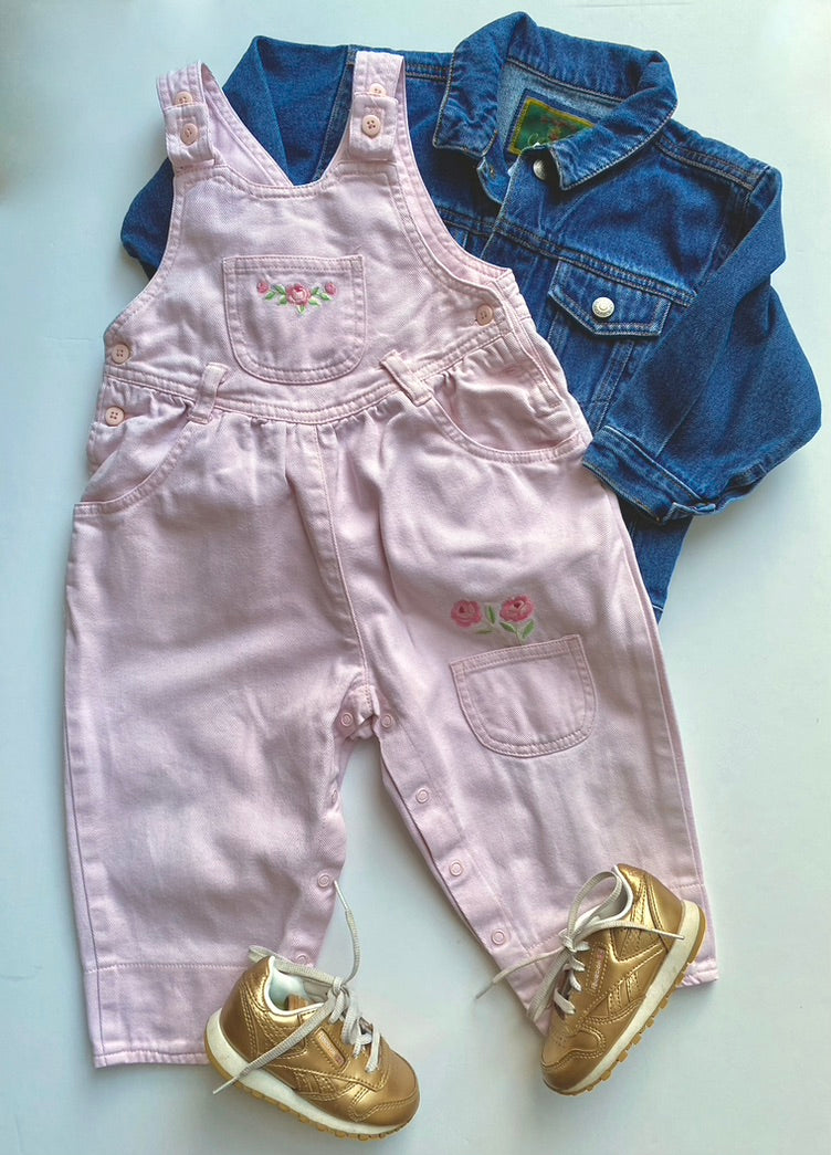 Vintage pink dungarees with embroidered roses age 12-18m