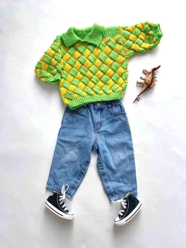Yellow and green hand knitted jumper Age 12-18M