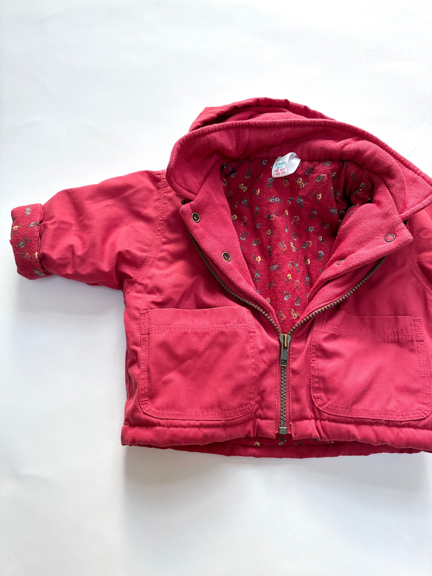 Red floral lined coat Age 3-6m