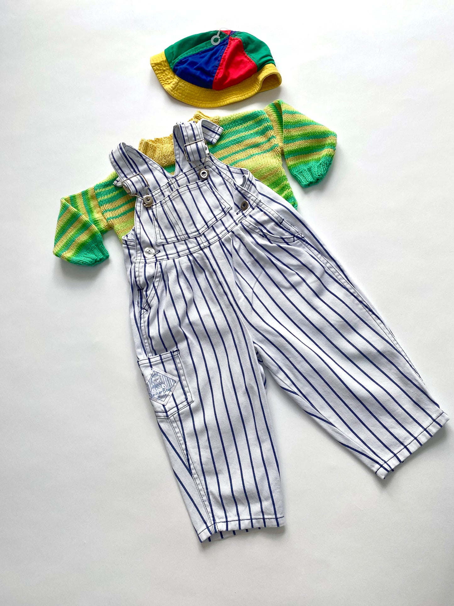 Hand knitted green cotton stripe jumper Age 3m