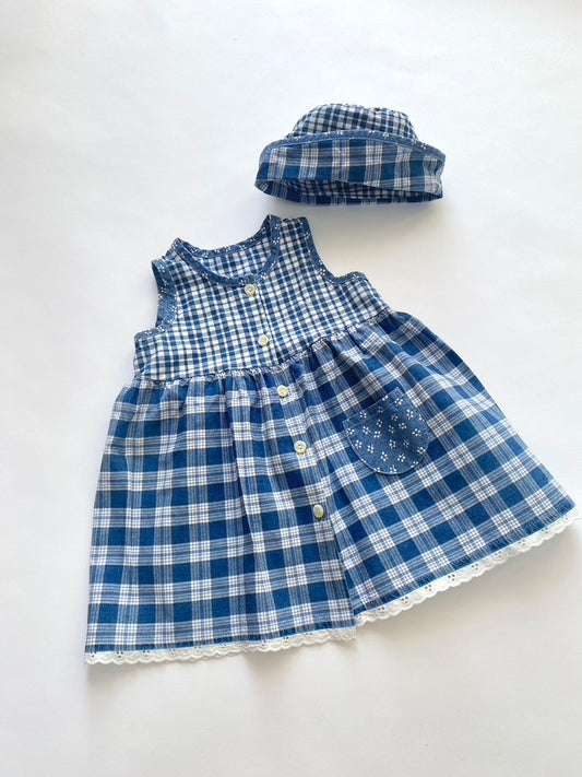 Vintage gingham dress and hat age 3-6m