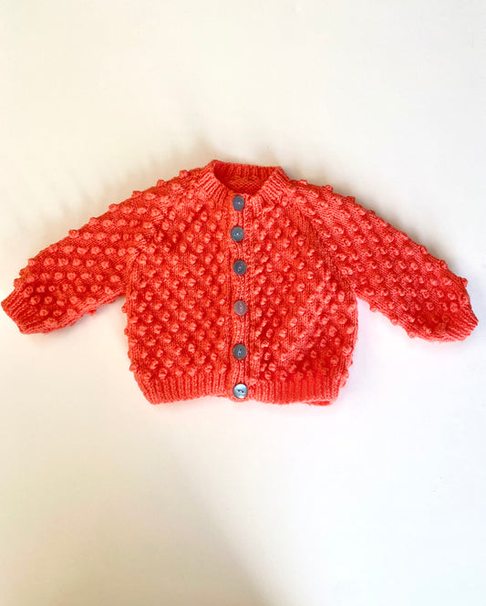 Bobble coral cardigan hand knit age 3-6m