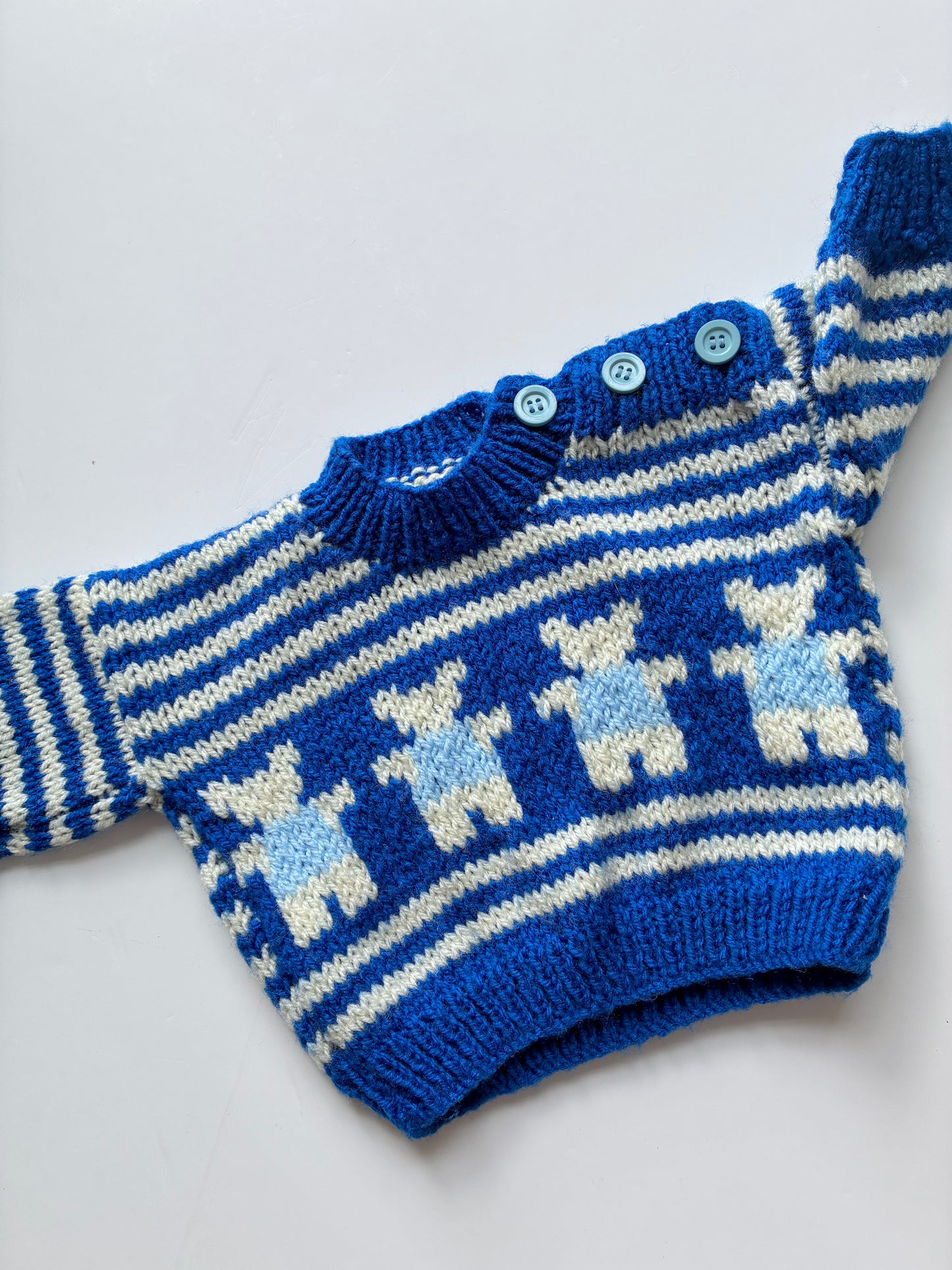 Hand knitted Blue Teddy bear jumper Age 3-6m