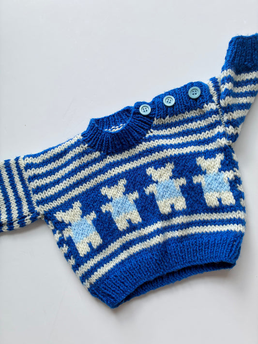 Hand knitted Blue Teddy bear jumper Age 3-6m