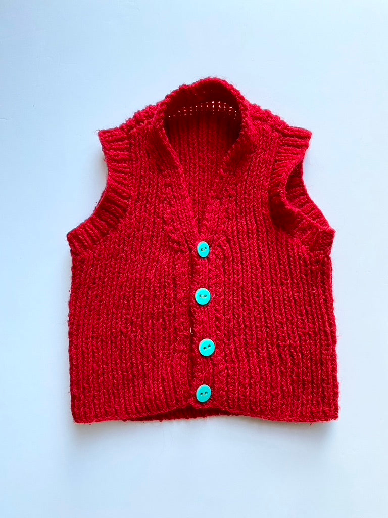 Hand knitted red chunky sleeveless cardigan age 2-3y