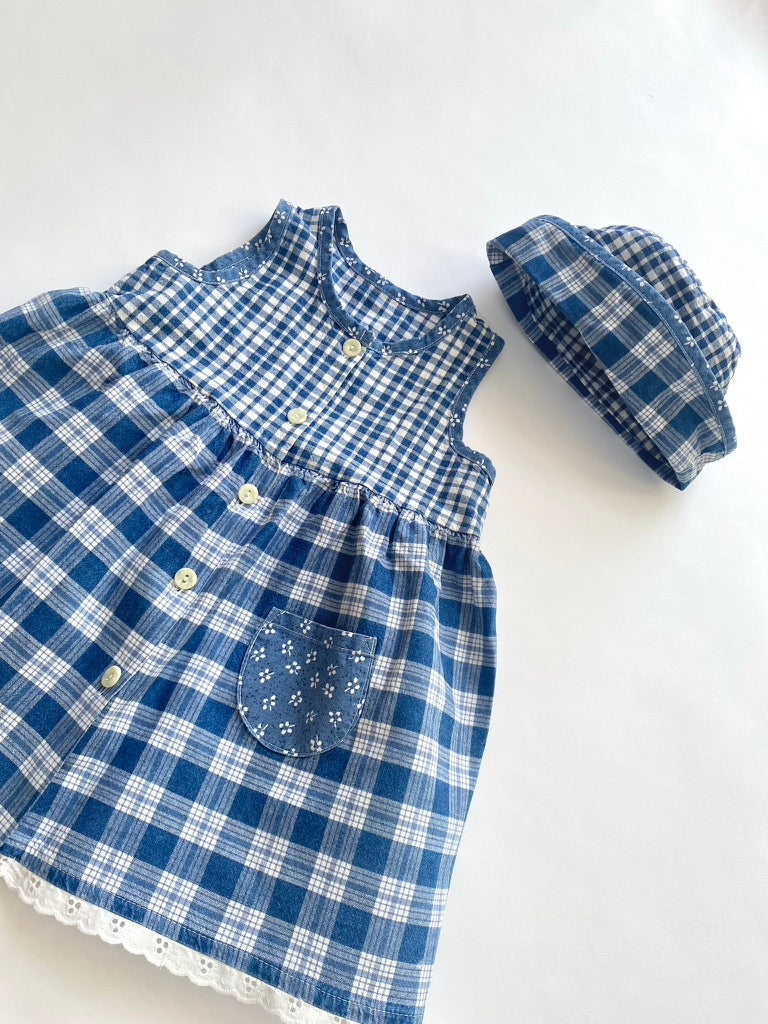 Vintage gingham dress and hat age 3-6m
