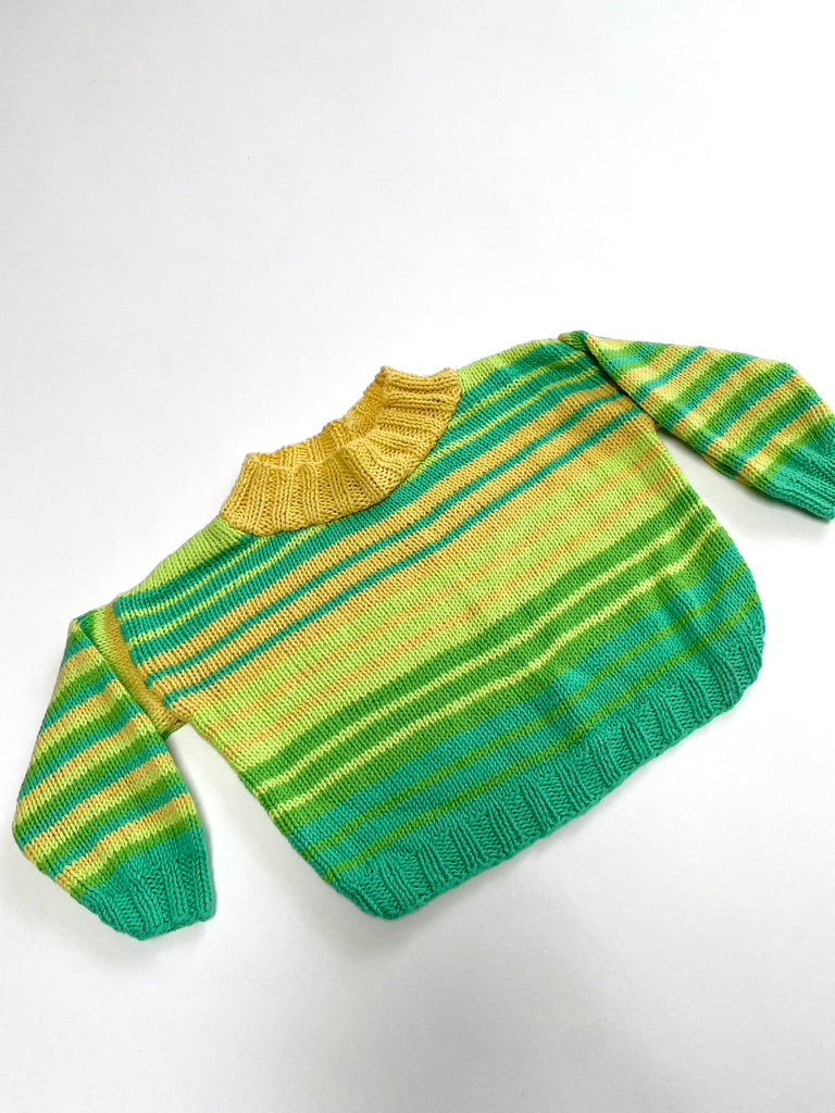 Hand knitted green cotton stripe jumper Age 3m