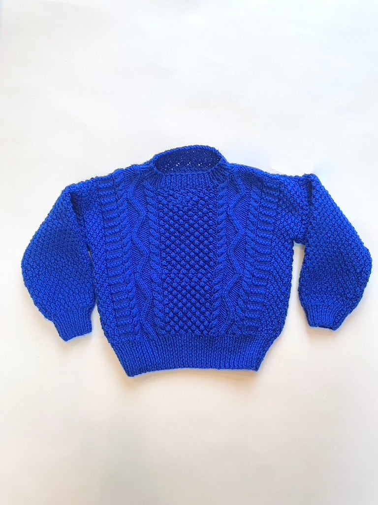 Blue arran knit jumper hand knitted Age 3-4y