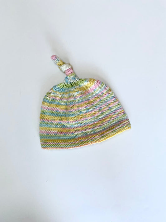 Stripy pastel hand knitted baby hat Age 3-6M