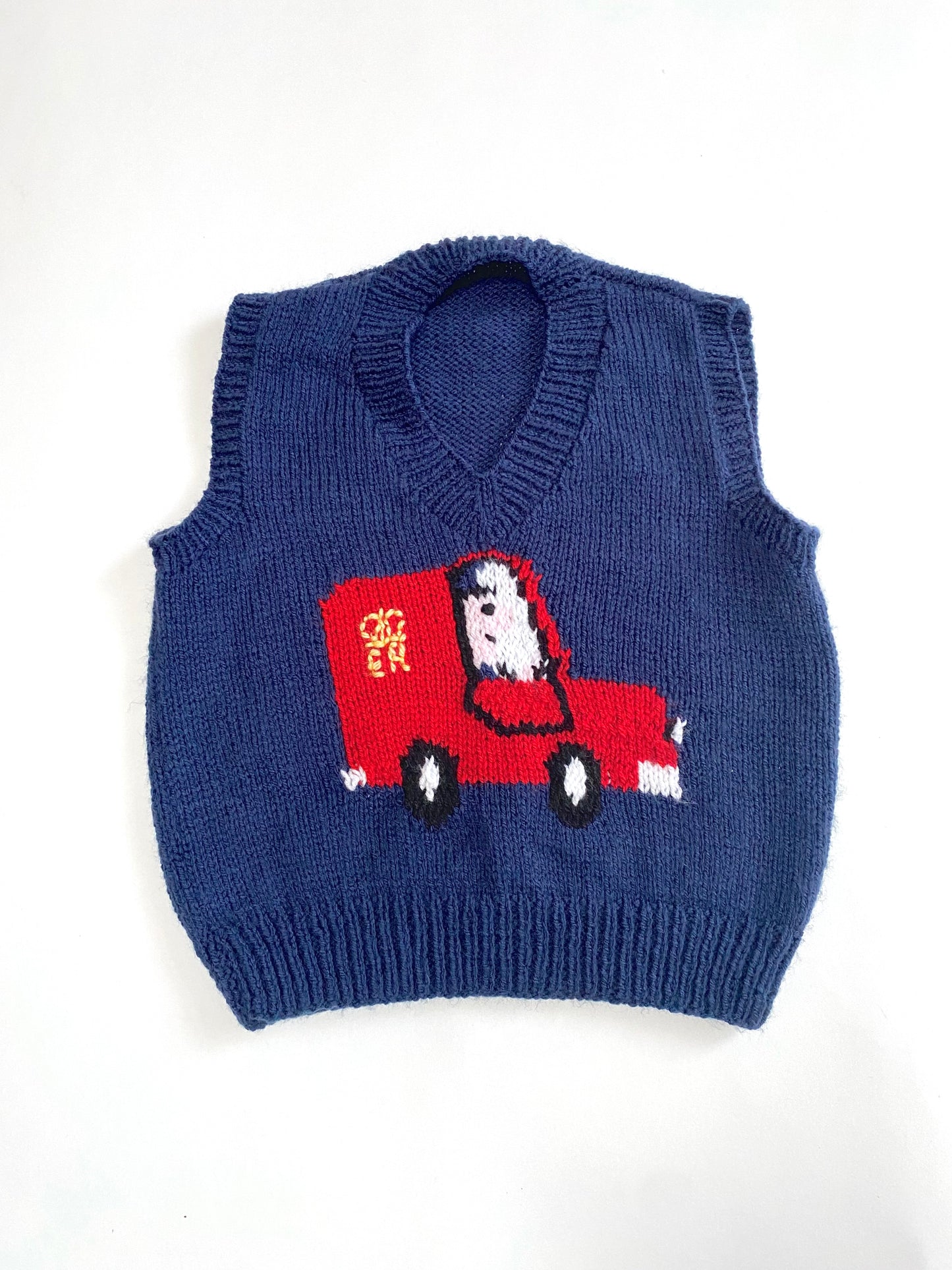 Handknitted Postman Pat vest Age 3y