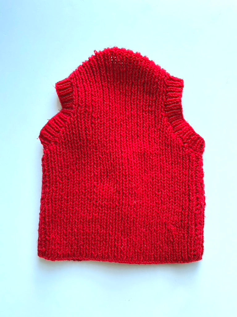 Hand knitted red chunky sleeveless cardigan age 2-3y