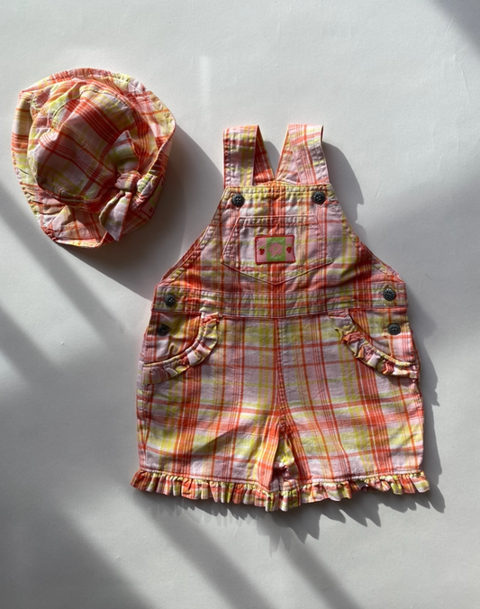 Y2K pink dungarees and hat age 3-6m